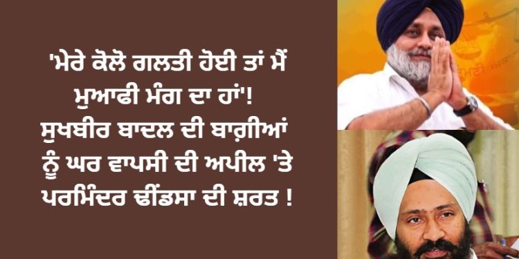 ‘ਮੇਰੇ ਕੋਲੋ ਗਲਤੀ ਹੋਈ ਤਾਂ ਮੈਂ ਮੁਆਫੀ ਮੰਗ ਦਾ ਹਾਂ’! ਸੁਖਬੀਰ ਬਾਦਲ ਦੀ ਬਾਗ਼ੀਆਂ ਨੂੰ ਘਰ ਵਾਪਸੀ ਦੀ ਅਪੀਲ ‘ਤੇ ਪਰਮਿੰਦਰ ਢੀਂਡਸਾ ਦੀ ਸ਼ਰਤ !