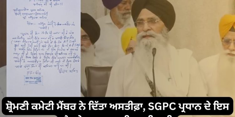 ਸ਼੍ਰੋਮਣੀ ਕਮੇਟੀ ਮੈਂਬਰ ਨੇ ਦਿੱਤਾ ਅਸਤੀਫ਼ਾ, SGPC ਪ੍ਰਧਾਨ ਦੇ ਇਸ ਫ਼ੈਸਲੇ ਨਾਲ ਜਤਾਈ ਅਸਹਿਮਤੀ