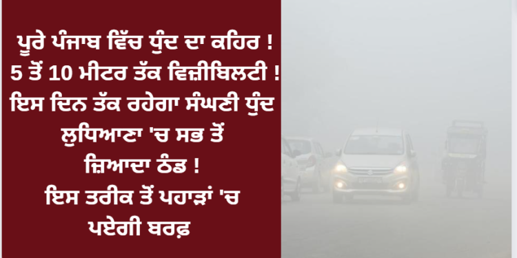 ਪੂਰੇ ਪੰਜਾਬ ਵਿੱਚ ਧੁੰਦ ਦਾ ਕਹਿਰ ! 5 ਤੋਂ 10 ਮੀਟਰ ਤੱਕ ਵਿਜ਼ੀਬਿਲਟੀ !