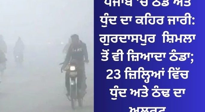 ਪੰਜਾਬ ‘ਚ ਠੰਢ ਅਤੇ ਧੁੰਦ ਦਾ ਕਹਿਰ ਜਾਰੀ: ਗੁਰਦਾਸਪੁਰ ਸ਼ਿਮਲਾ ਤੋਂ ਵੀ ਜ਼ਿਆਦਾ ਠੰਢਾ; 23 ਜ਼ਿਲ੍ਹਿਆਂ ਵਿੱਚ ਧੁੰਦ ਅਤੇ ਠੰਢ ਦਾ ਅਲਰਟ